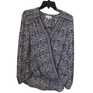 Max Studio XS Black White Print Long Sleeve Faux Wrap Blouse Top Workwear,office